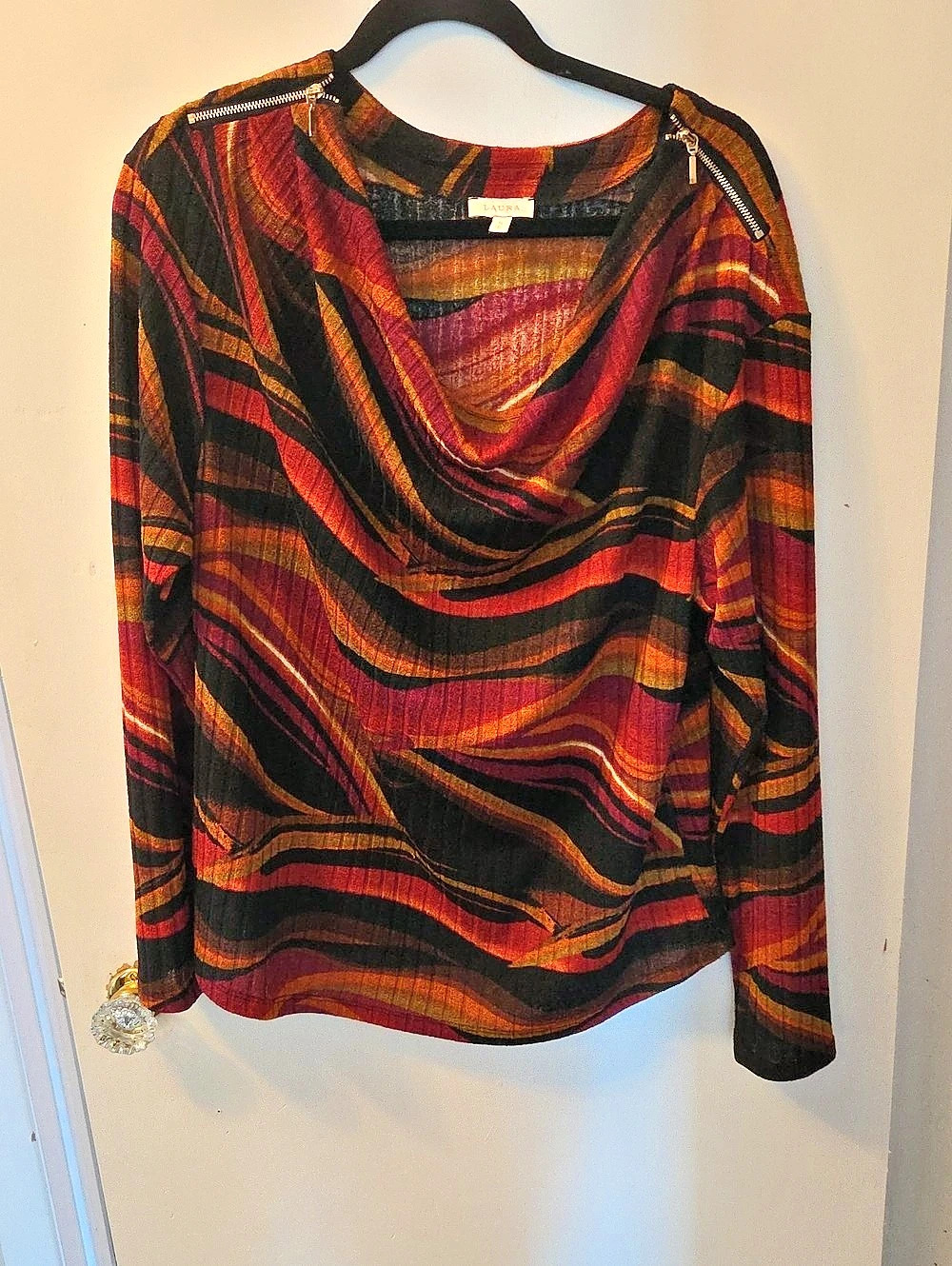Laura Abstract Cowl Neck Top in Black & Red, Pink And Orange Size XL